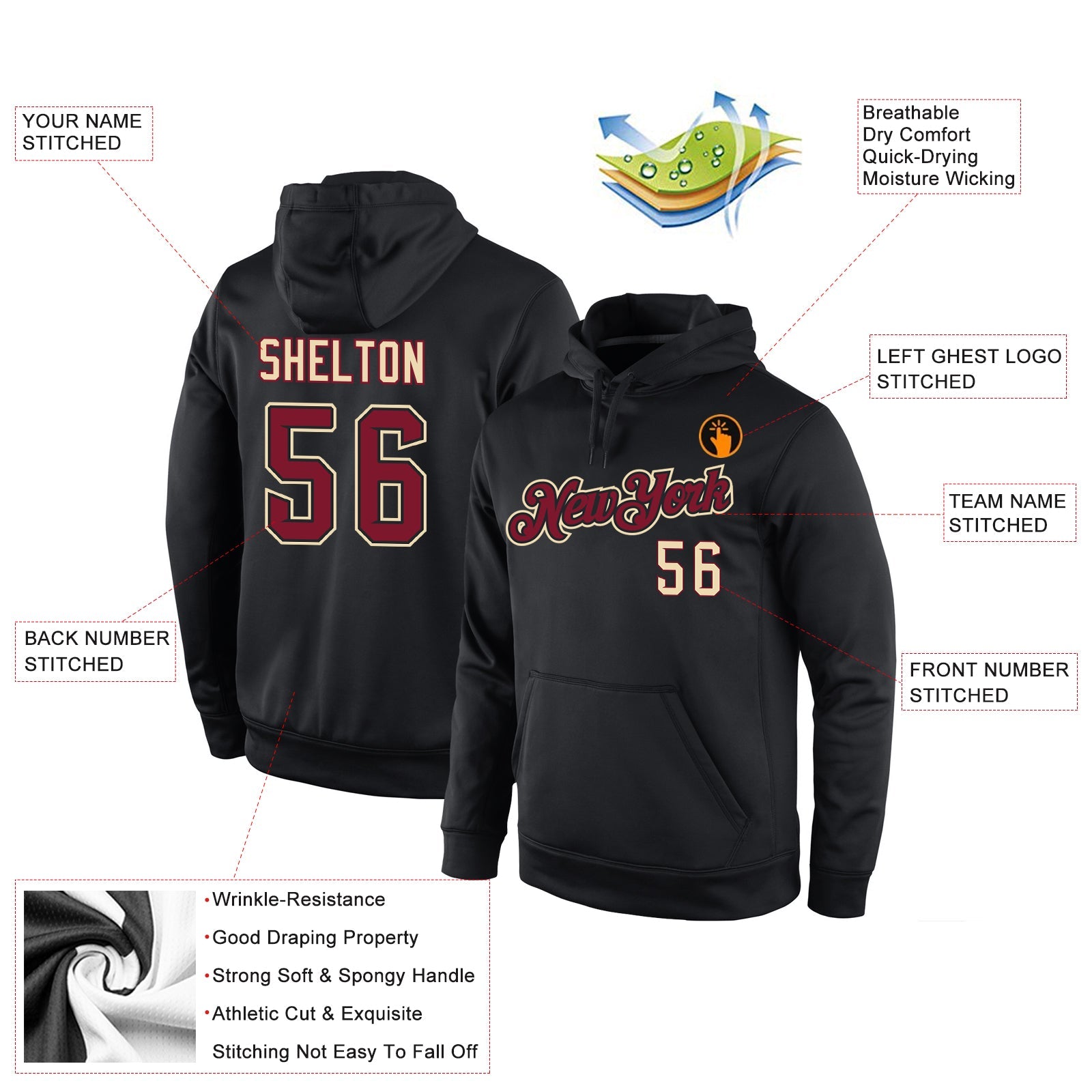 Custom Stitched Black Crimson-Cream Sports Pullover Sweatshirt Hoodie view 4