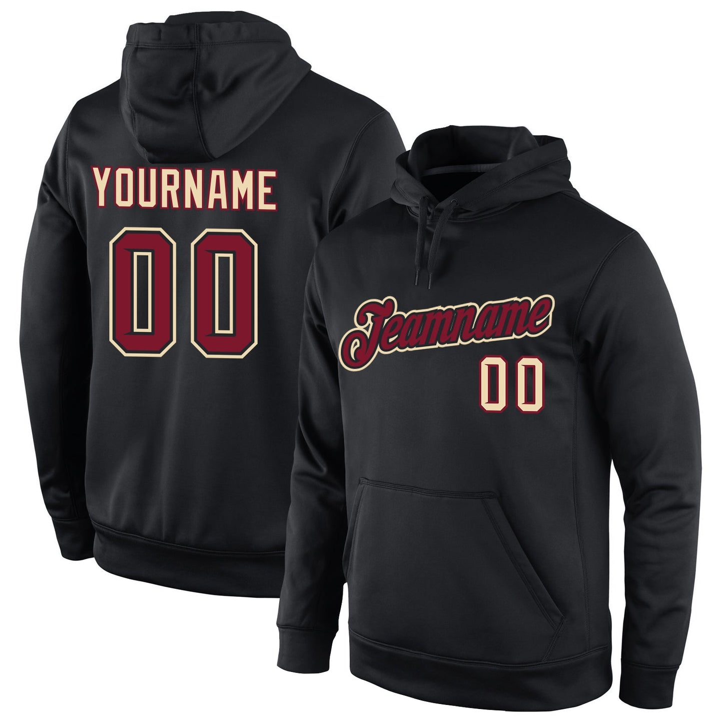 Custom Stitched Black Crimson-Cream Sports Pullover Sweatshirt Hoodie - Main View