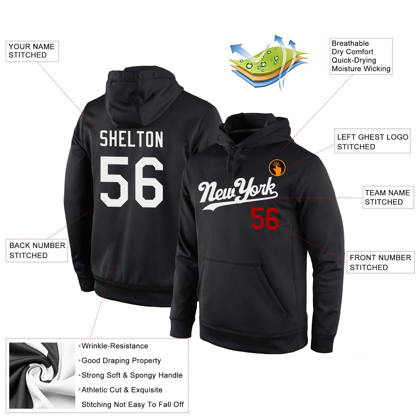 Custom Stitched Black White-Red Sports Pullover Sweatshirt Hoodie view 4