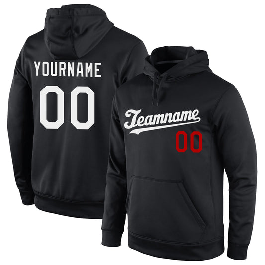 Custom Stitched Black White-Red Sports Pullover Sweatshirt Hoodie - Main View