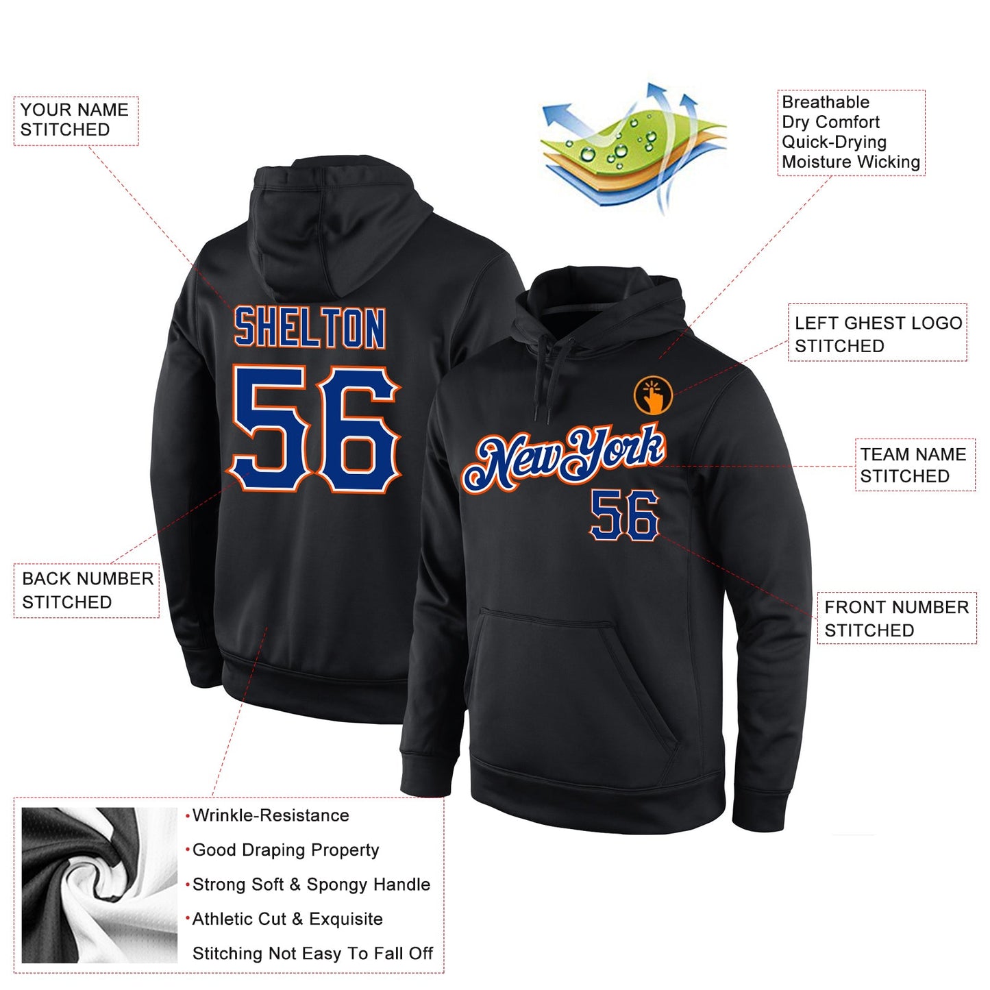 Custom Stitched Black Royal-Orange Sports Pullover Sweatshirt Hoodie view 4
