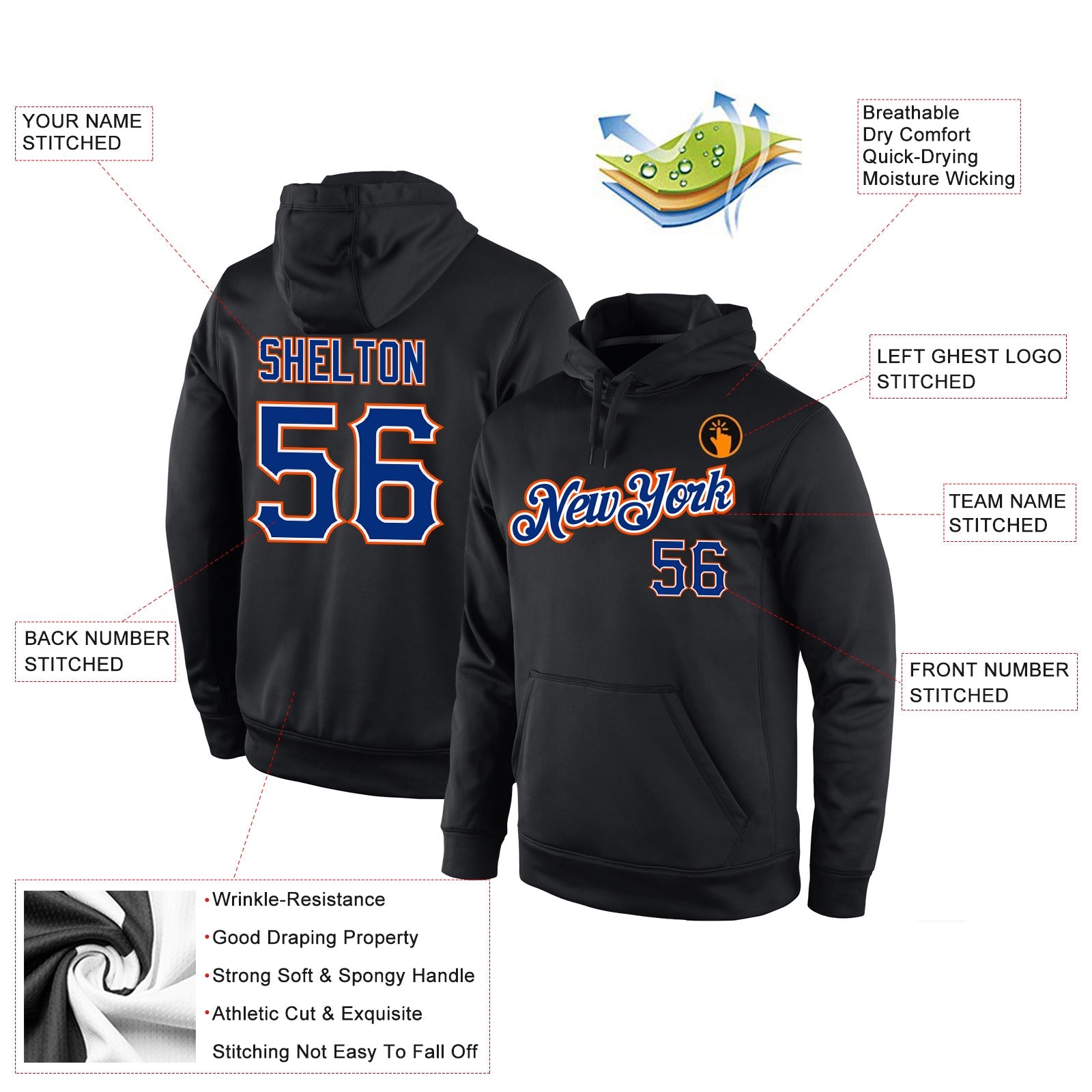 Custom Stitched Black Royal-Orange Sports Pullover Sweatshirt Hoodie view 4