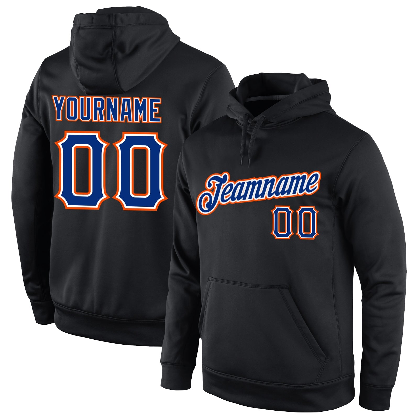 Custom Stitched Black Royal-Orange Sports Pullover Sweatshirt Hoodie - Main View