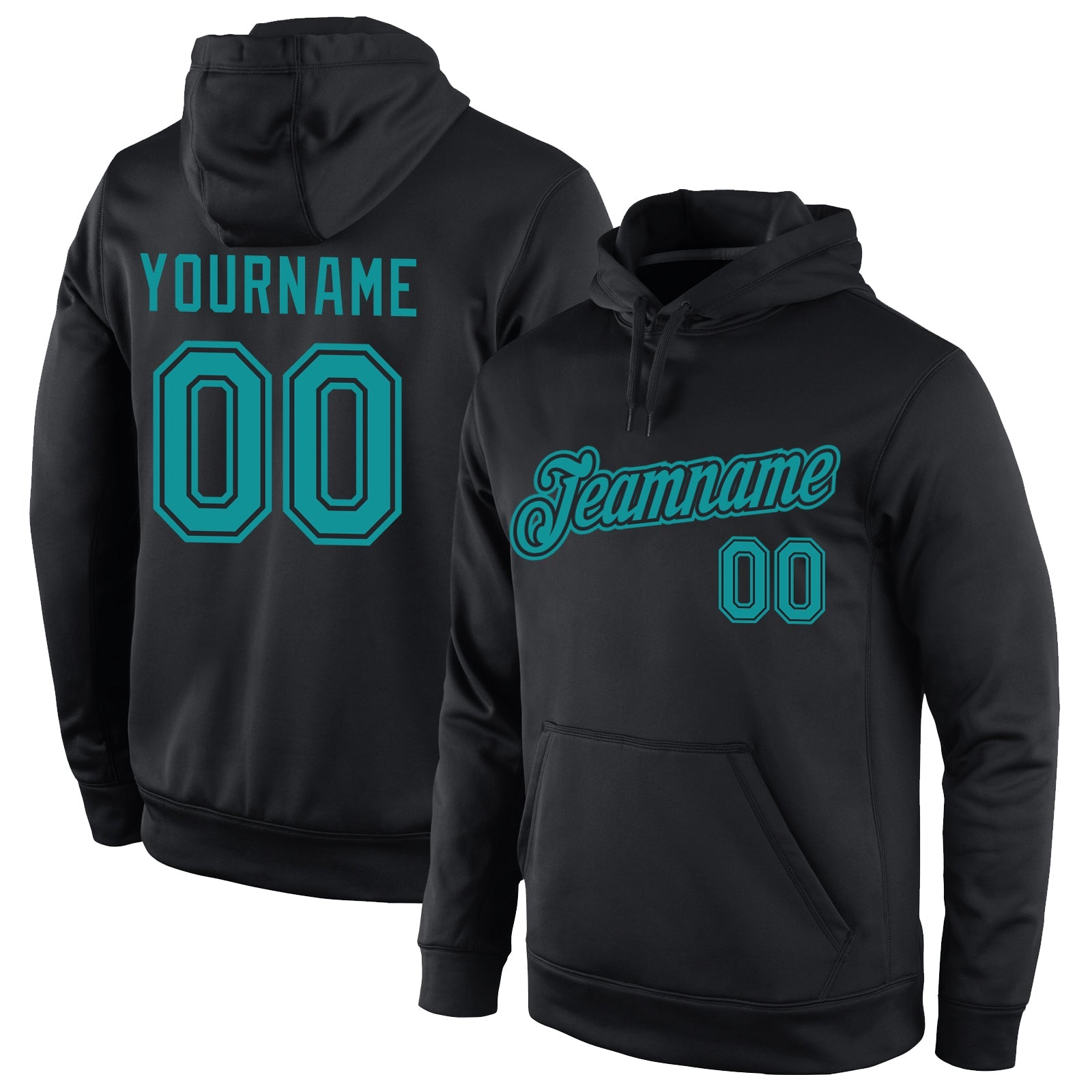 Custom Stitched Black Aqua Sports Pullover Sweatshirt Hoodie - Main View