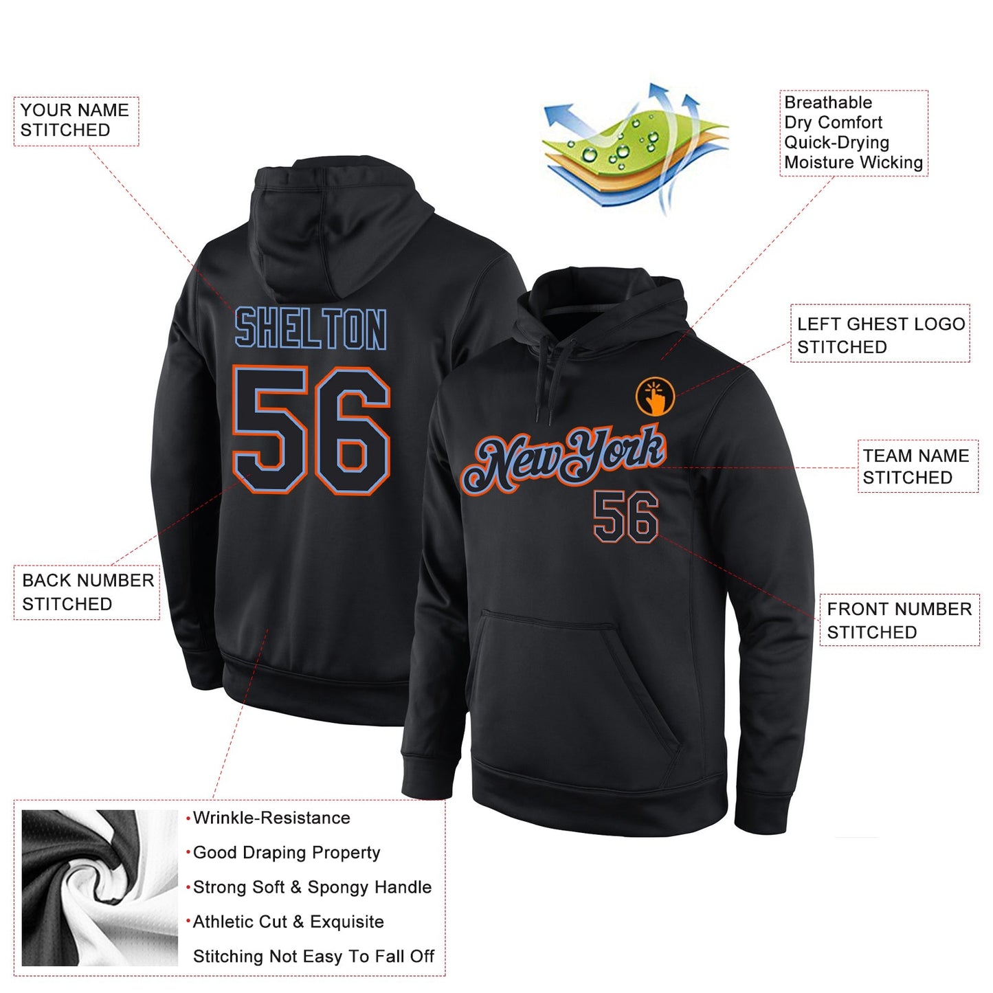 Custom Stitched Black Black-Orange Sports Pullover Sweatshirt Hoodie view 4