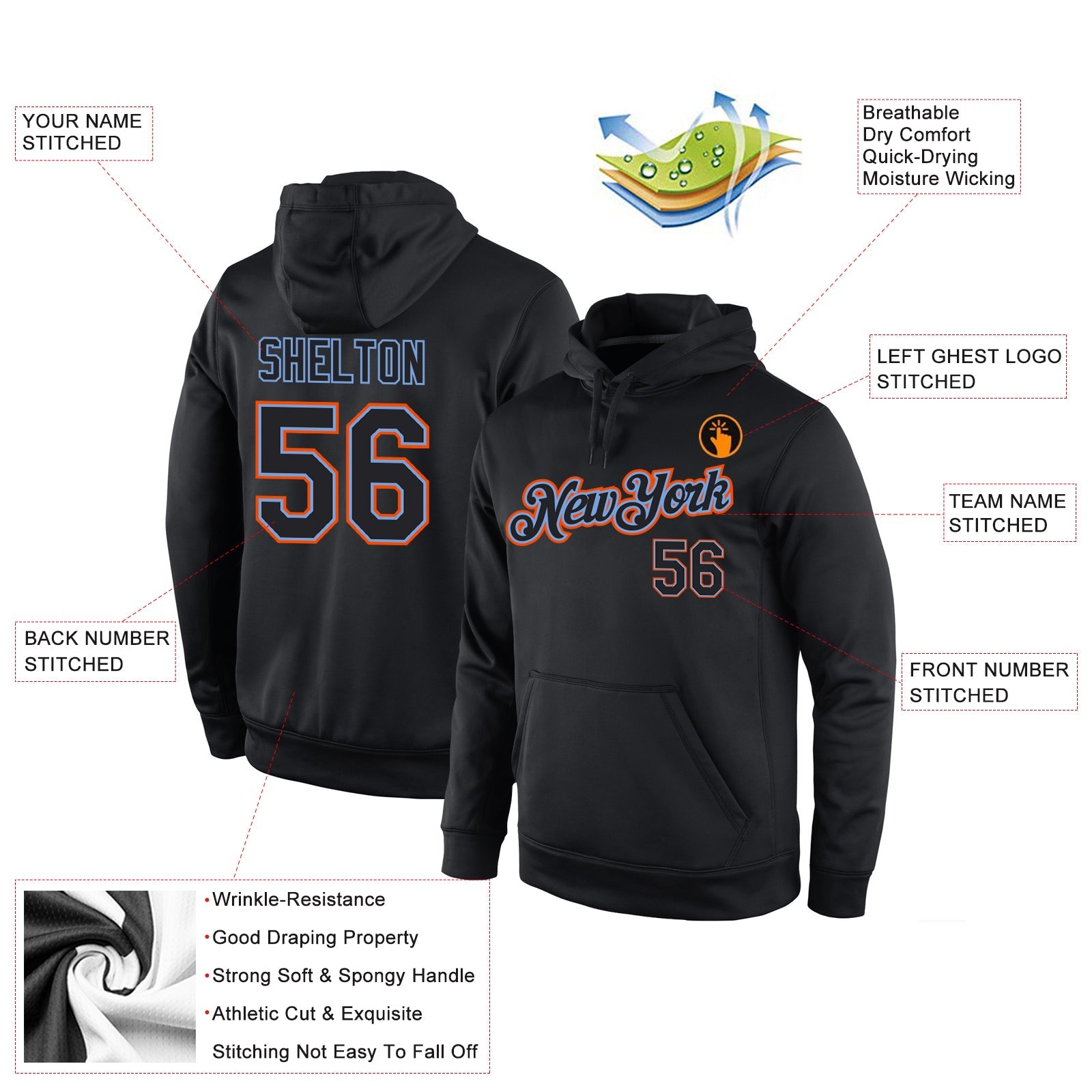 Custom Stitched Black Black-Orange Sports Pullover Sweatshirt Hoodie view 4