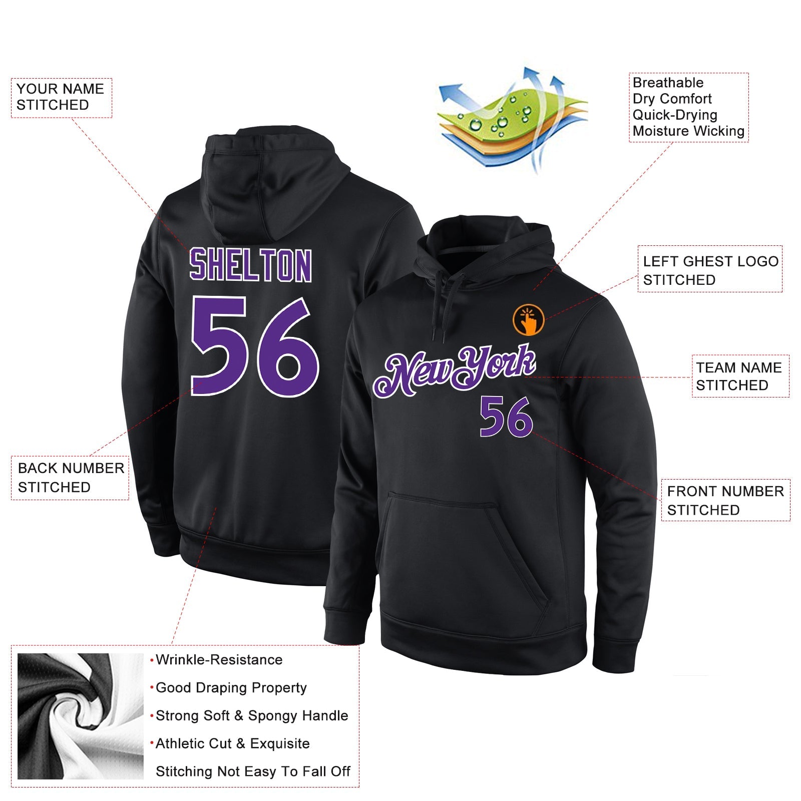 Custom Stitched Black Purple-White Sports Pullover Sweatshirt Hoodie view 4