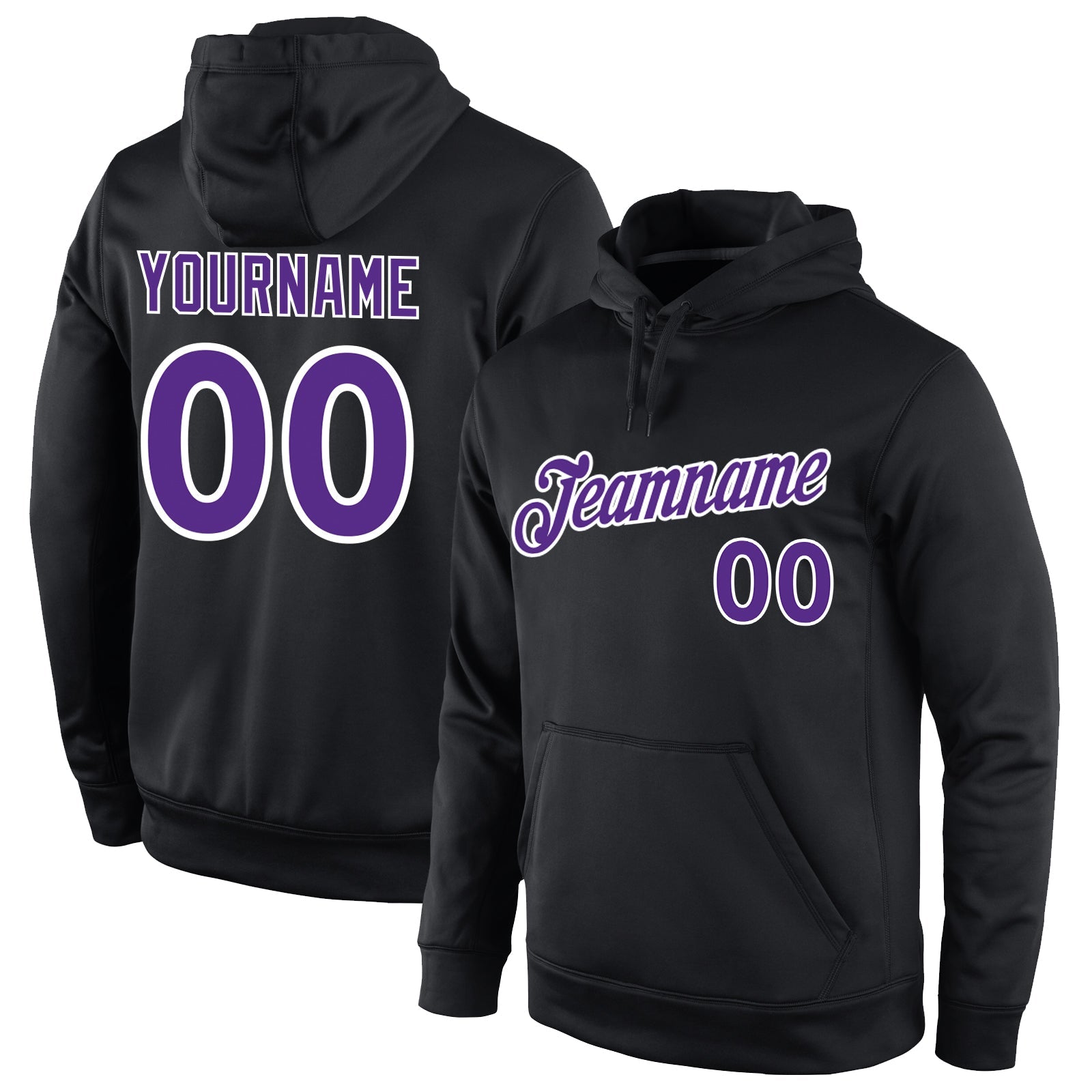 Custom Stitched Black Purple-White Sports Pullover Sweatshirt Hoodie - Main View