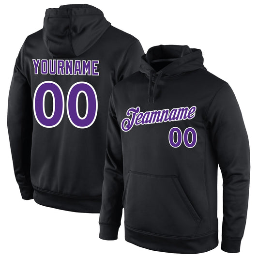 Custom Stitched Black Purple-White Sports Pullover Sweatshirt Hoodie - Main View