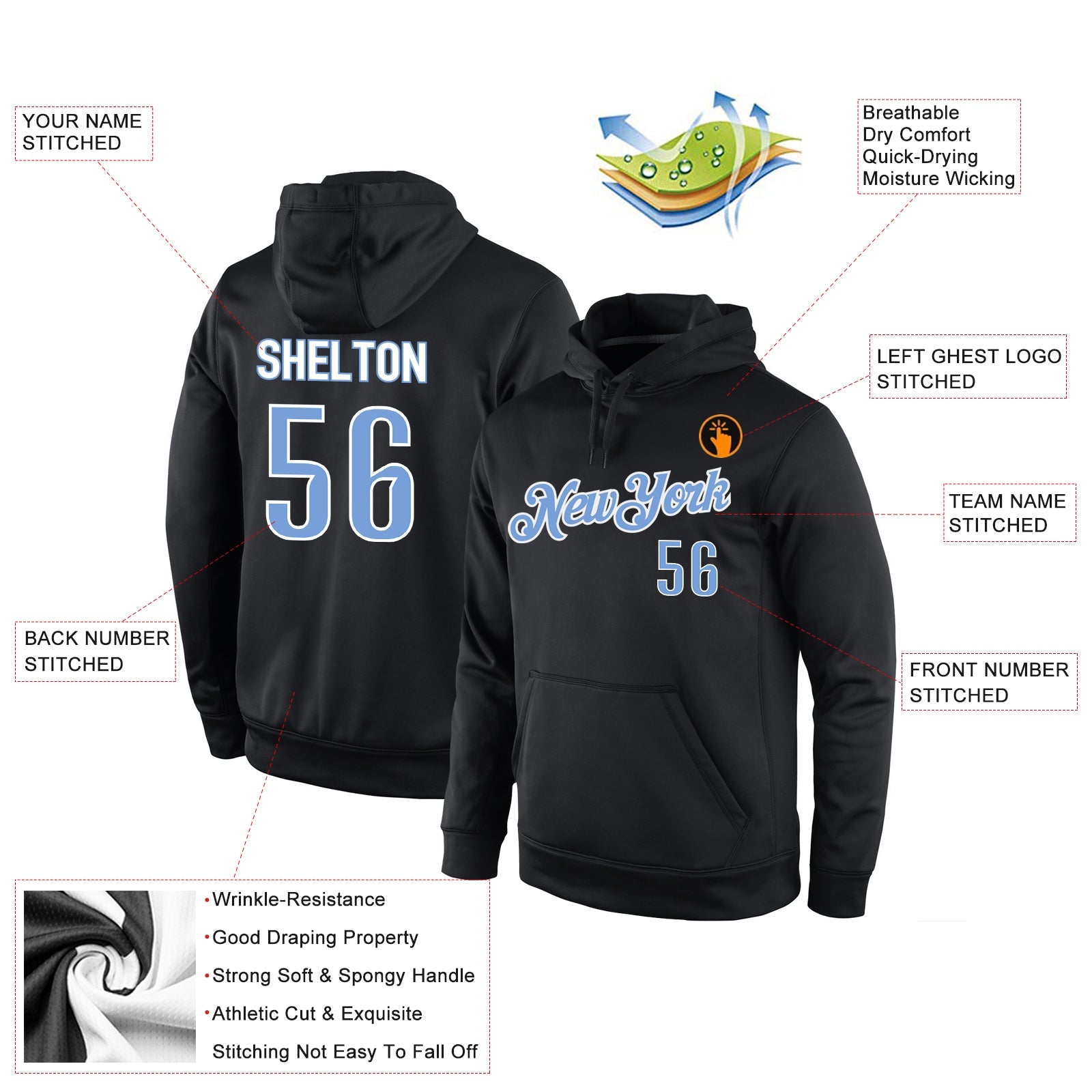 Custom Stitched Black Light Blue-White Sports Pullover Sweatshirt Hoodie view 4