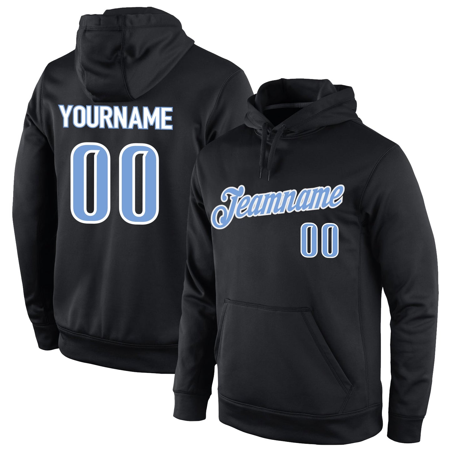 Custom Stitched Black Light Blue-White Sports Pullover Sweatshirt Hoodie - Main View