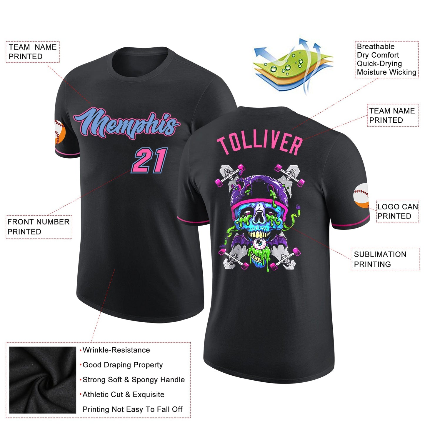 Custom Black Light Blue-Pink Skull Fashion Performance T-Shirt view 2