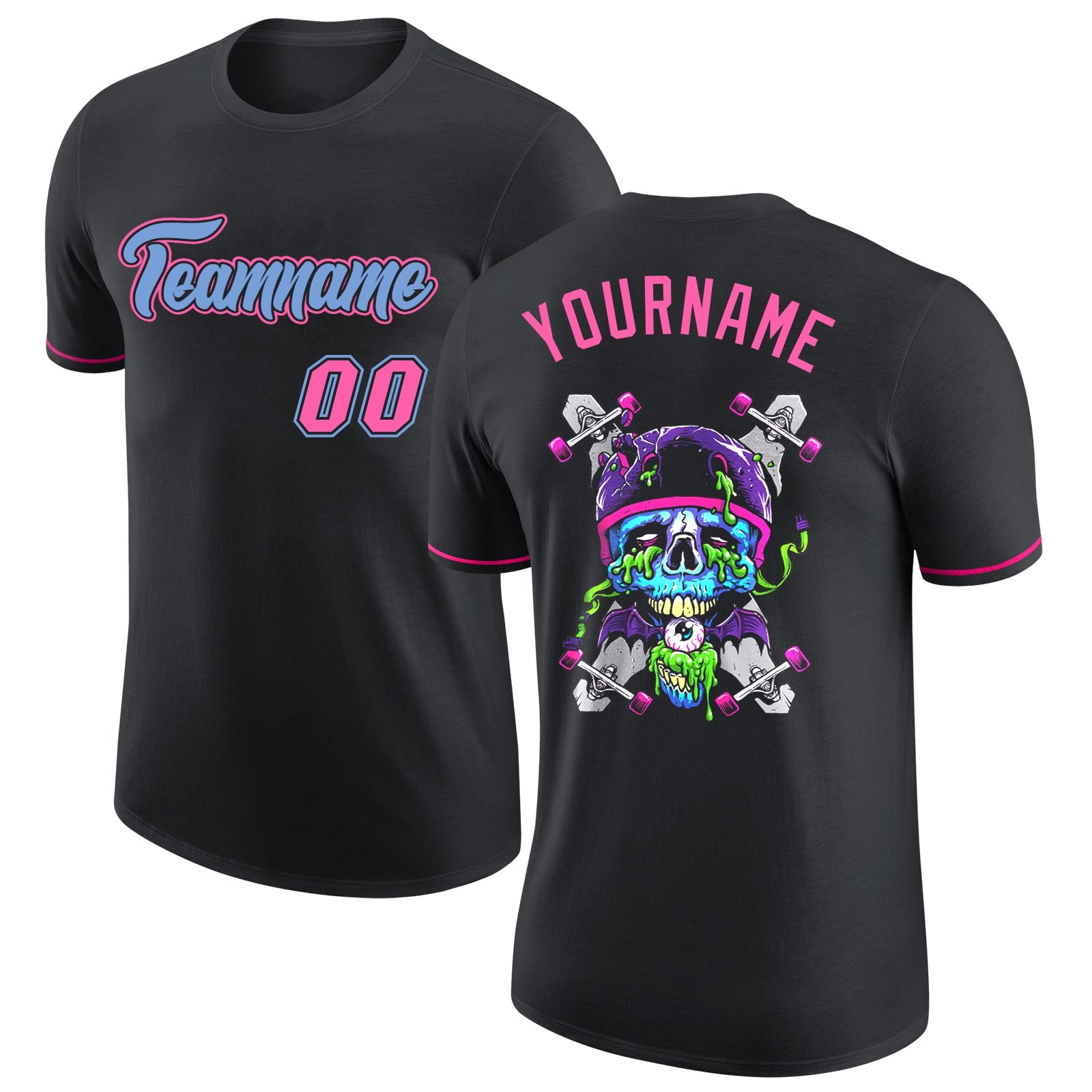 Custom Black Light Blue-Pink Skull Fashion Performance T-Shirt - Main View