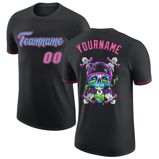 Custom Black Light Blue-Pink Skull Fashion Performance T-Shirt - Main View