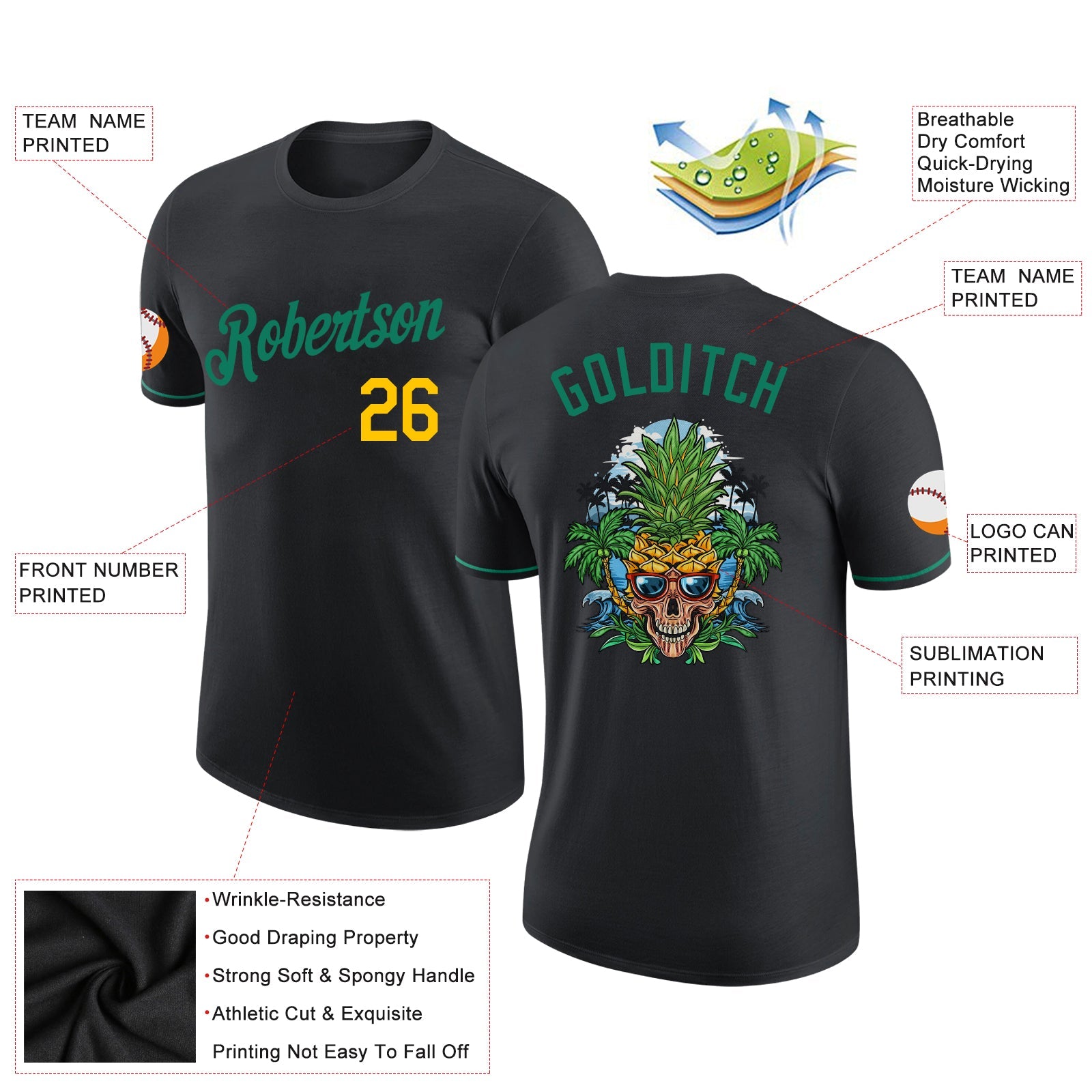 Custom Black Kelly Green-Gold Skull Pineapple Head Performance T-Shirt view 2