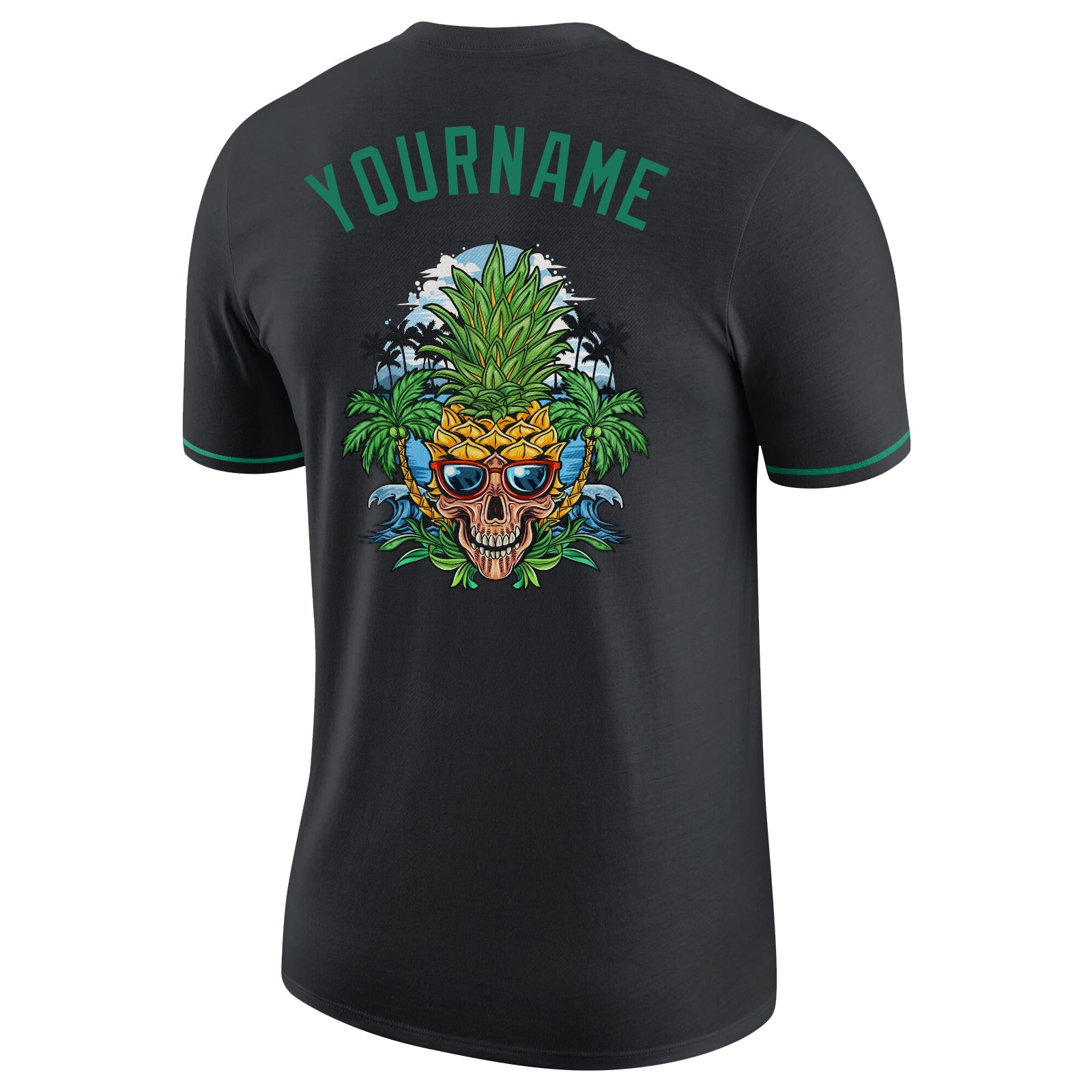 Custom Black Kelly Green-Gold Skull Pineapple Head Performance T-Shirt view 5