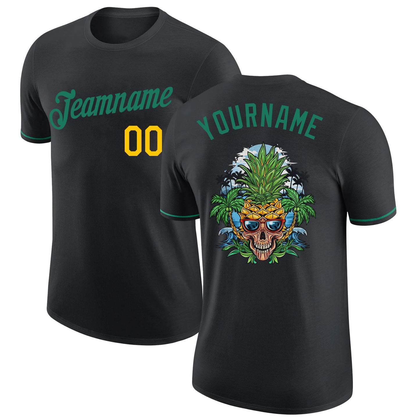 Custom Black Kelly Green-Gold Skull Pineapple Head Performance T-Shirt - Main View