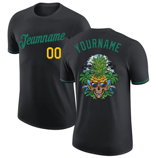 Custom Black Kelly Green-Gold Skull Pineapple Head Performance T-Shirt - Main View