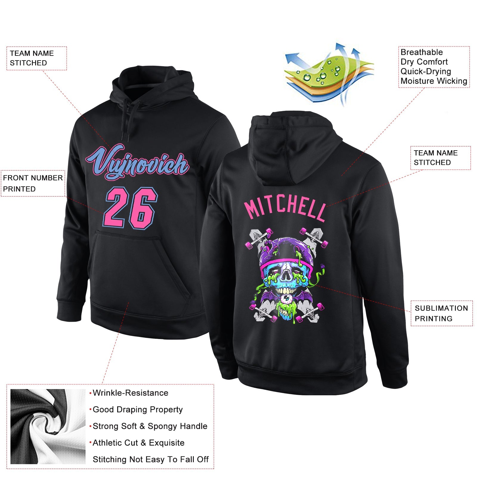 Custom Stitched Black Pink-Light Blue 3D Skull Fashion Sports Pullover Sweatshirt Hoodie view 4