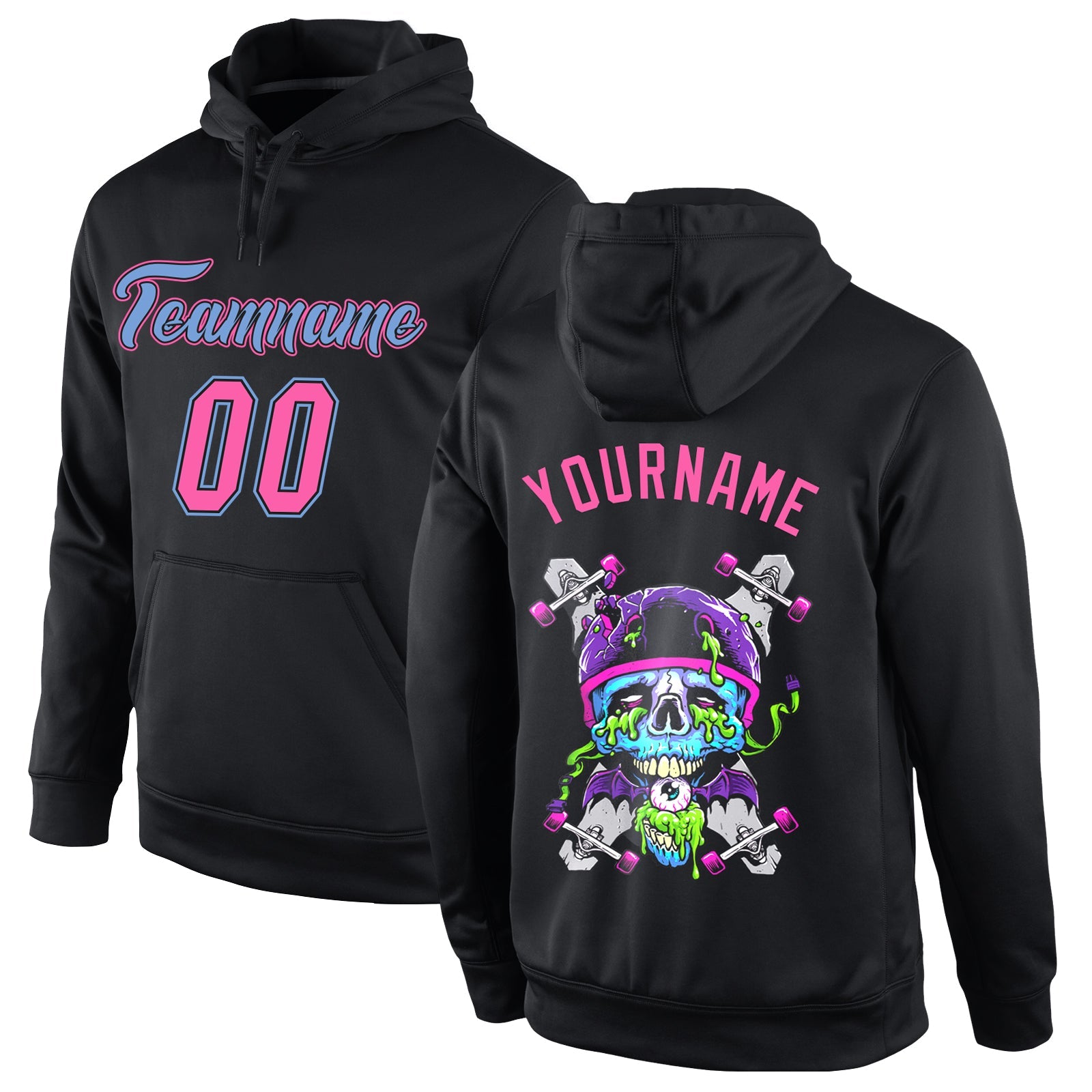 Custom Stitched Black Pink-Light Blue 3D Skull Fashion Sports Pullover Sweatshirt Hoodie - Main View