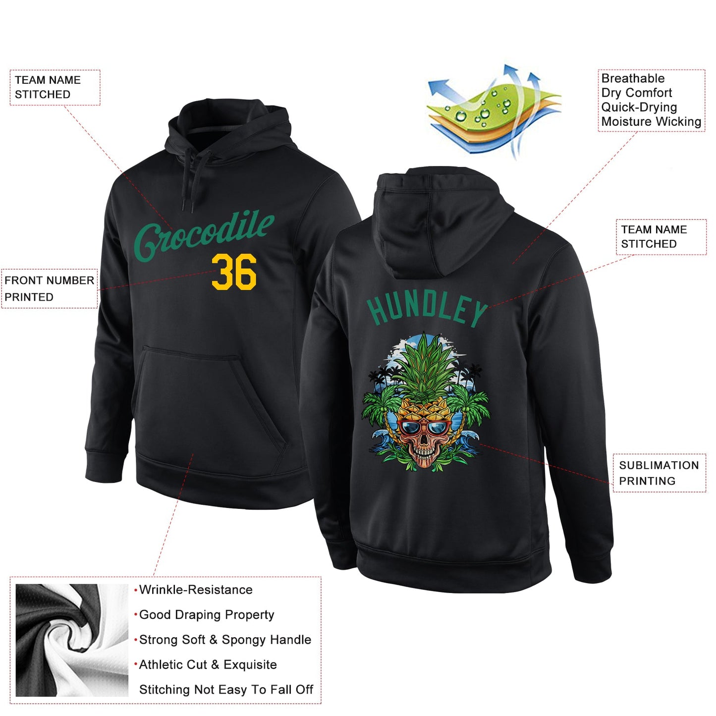 Custom Stitched Black Kelly Green-Gold 3D Skull Pineapple Head Sports Pullover Sweatshirt Hoodie view 4