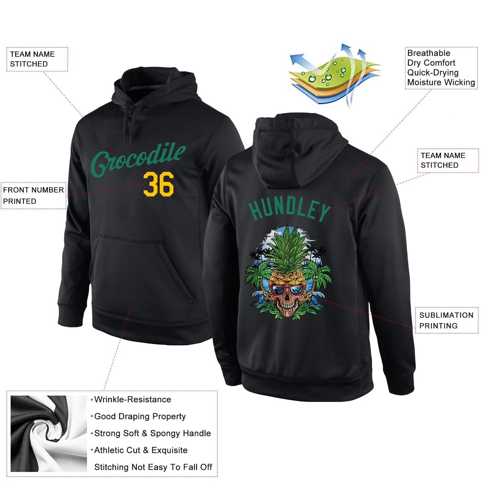 Custom Stitched Black Kelly Green-Gold 3D Skull Pineapple Head Sports Pullover Sweatshirt Hoodie view 4