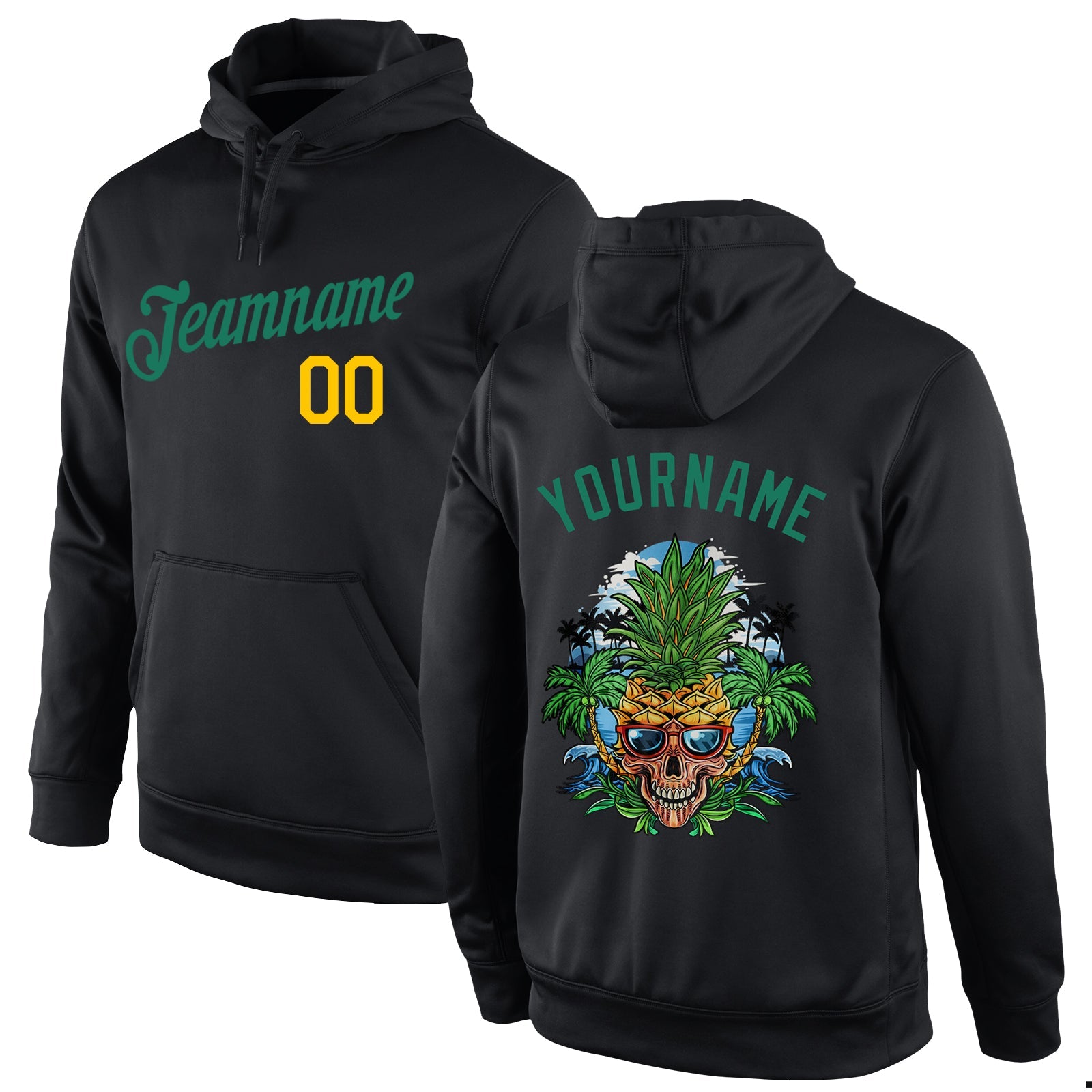 Custom Stitched Black Kelly Green-Gold 3D Skull Pineapple Head Sports Pullover Sweatshirt Hoodie - Main View