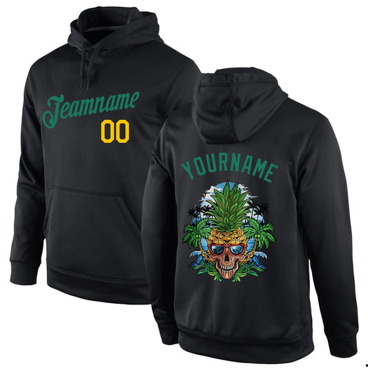 Custom Stitched Black Kelly Green-Gold 3D Skull Pineapple Head Sports Pullover Sweatshirt Hoodie - Main View