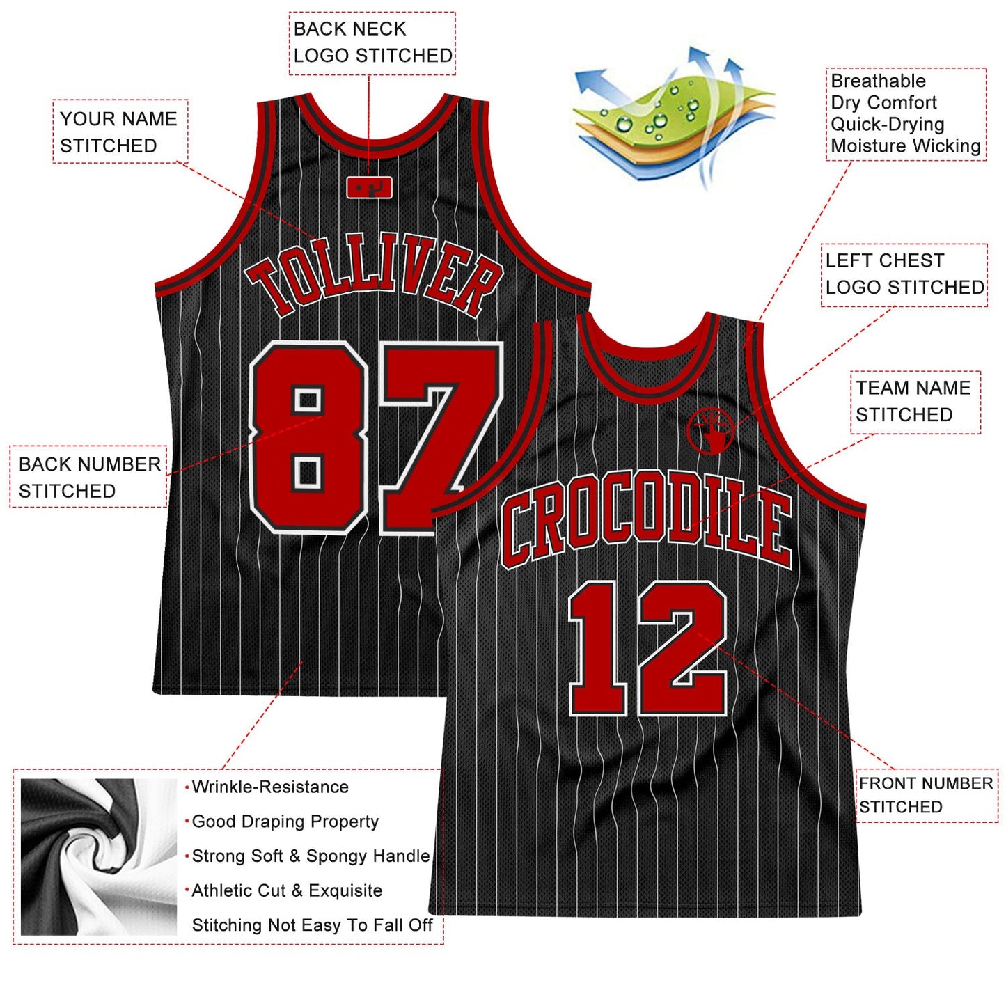 Custom Black White Pinstripe Red-White Authentic Basketball Jersey view 2