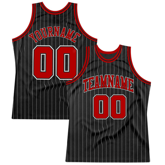 Custom Black White Pinstripe Red-White Authentic Basketball Jersey - Main View