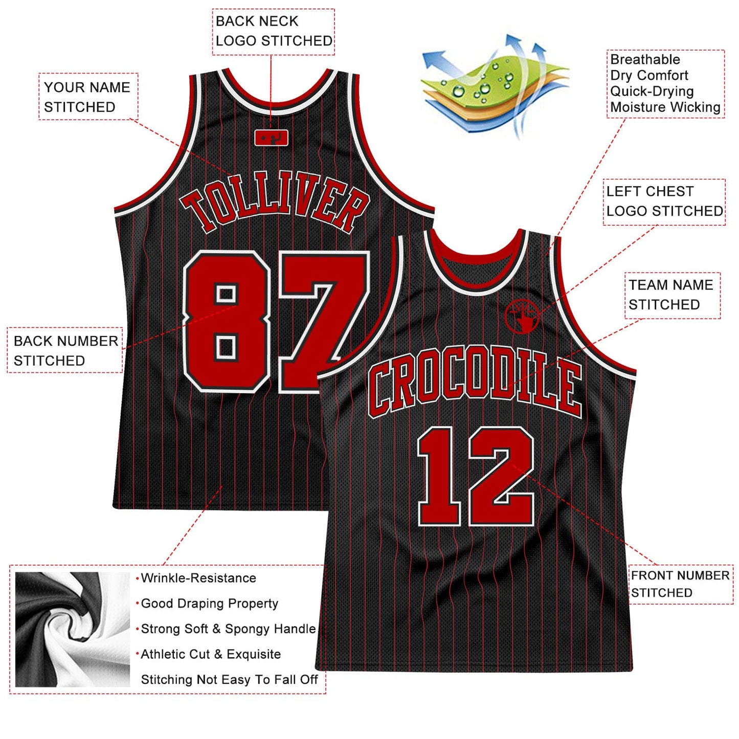 Custom Black Red Pinstripe Red-White Authentic Basketball Jersey view 3