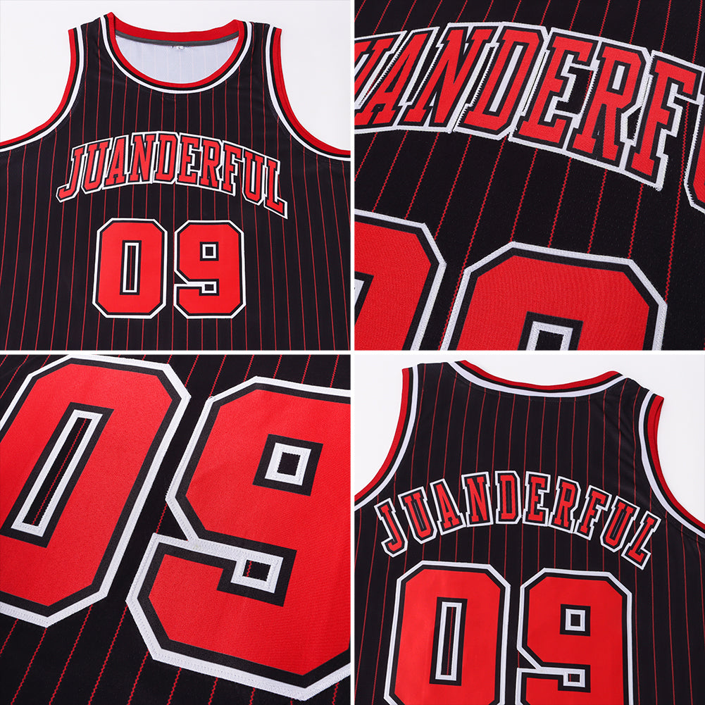 Custom Black Red Pinstripe Red-White Authentic Basketball Jersey view 2
