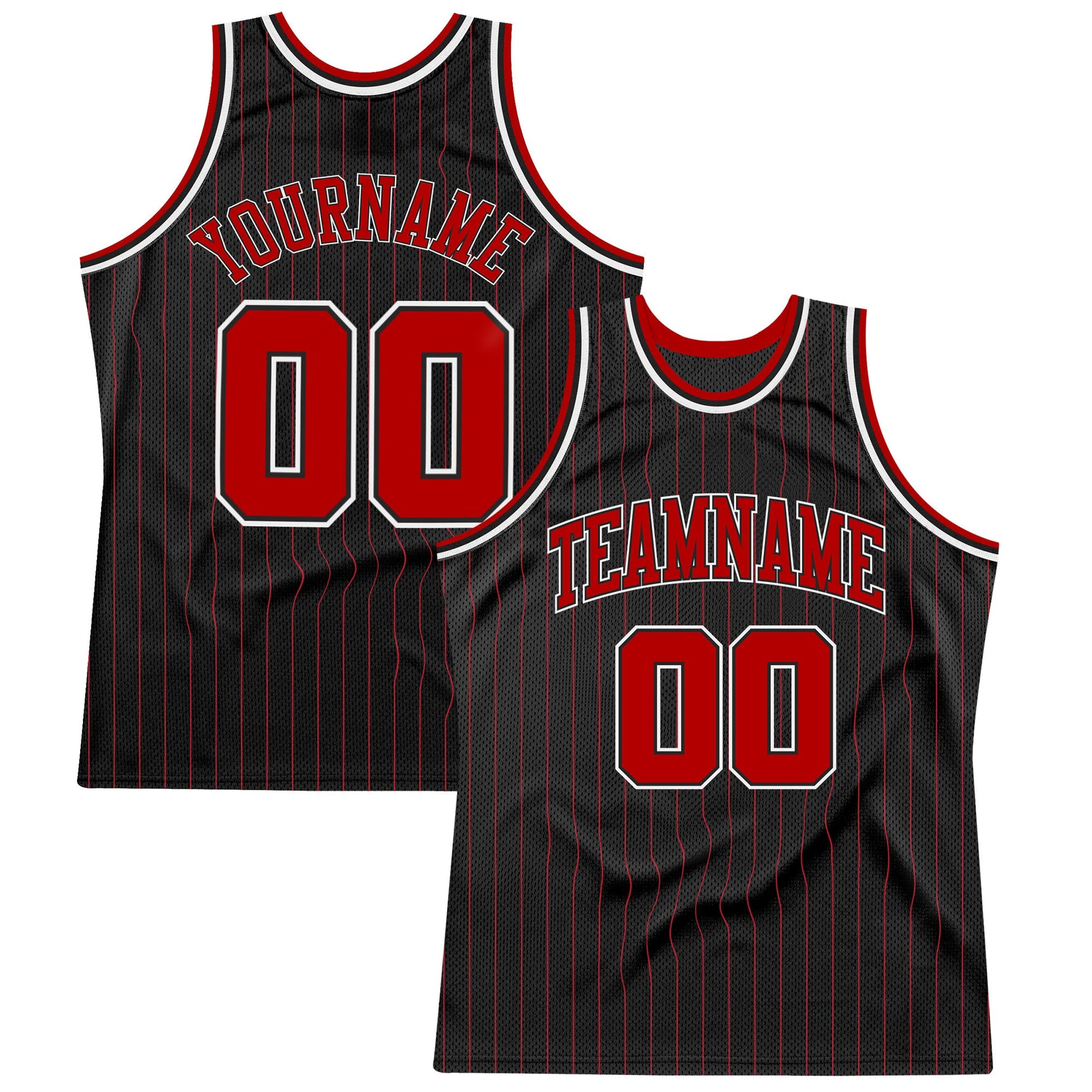 Custom Black Red Pinstripe Red-White Authentic Basketball Jersey - Main View
