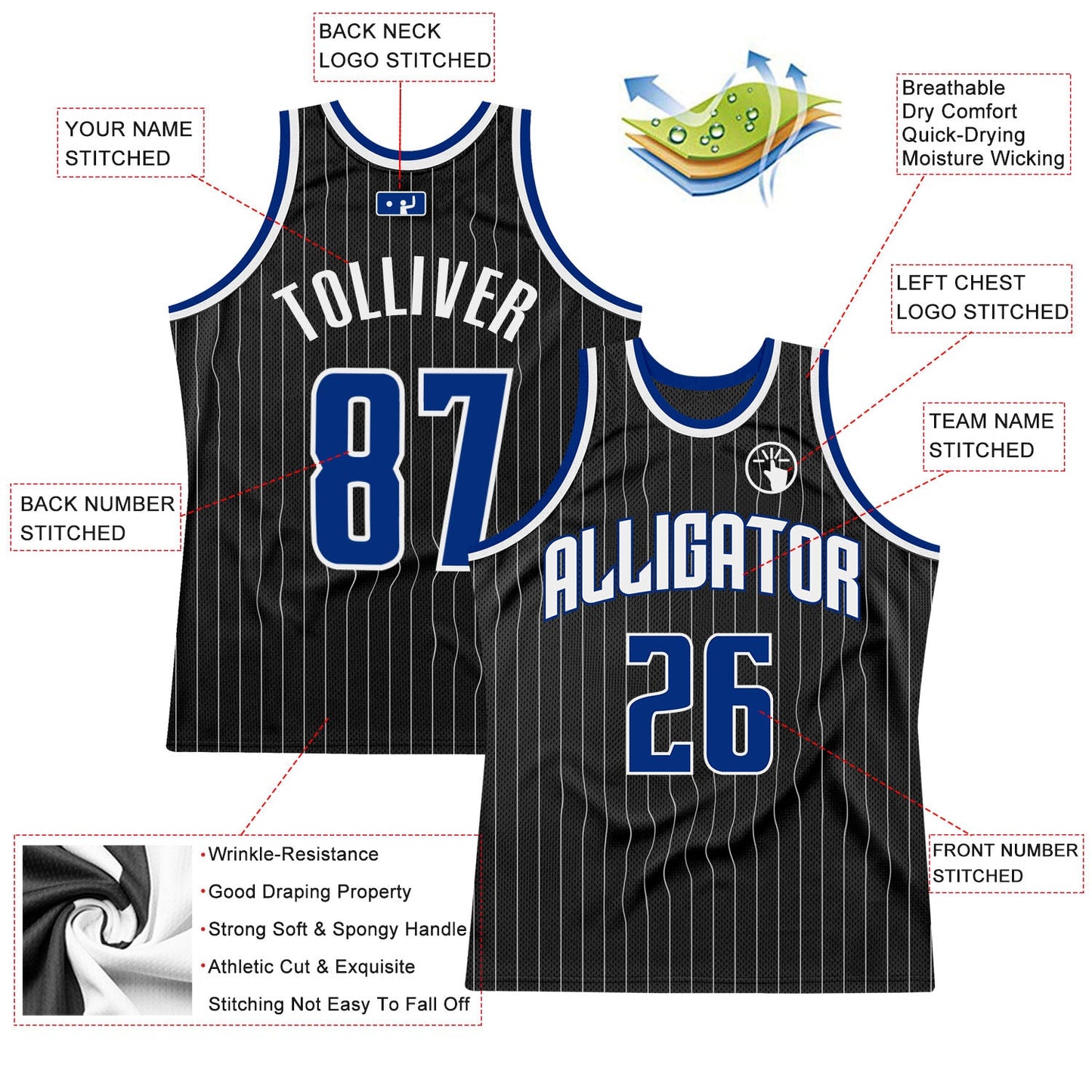 Custom Black White Pinstripe Royal-White Authentic Basketball Jersey view 2