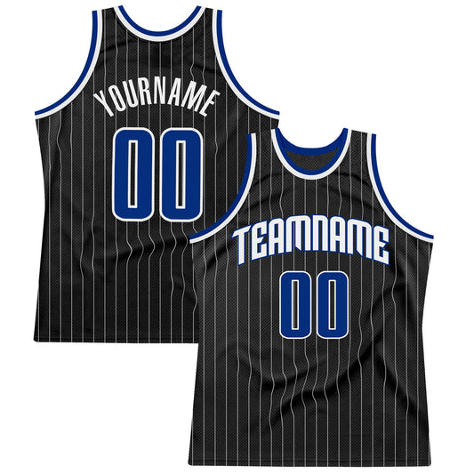 Custom Black White Pinstripe Royal-White Authentic Basketball Jersey - Main View