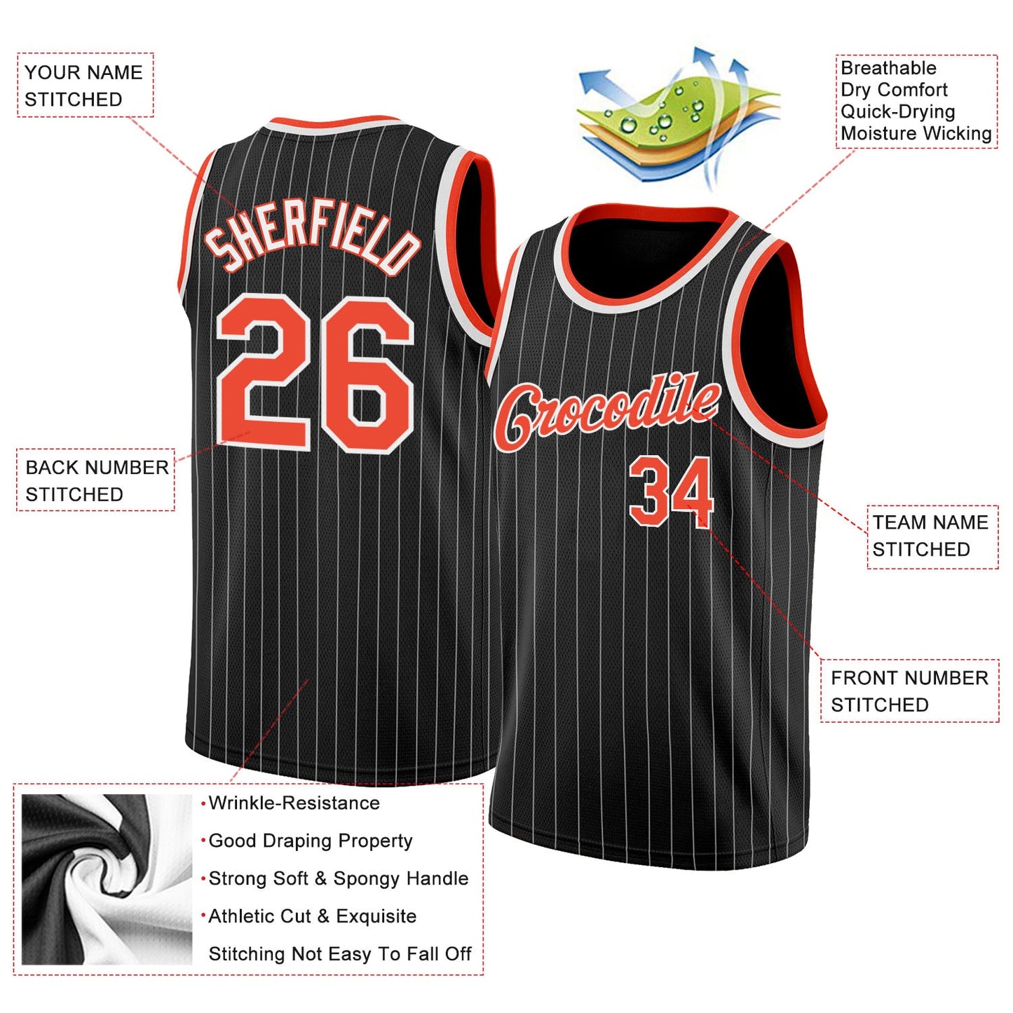 Custom Black White Pinstripe Orange-White Authentic Basketball Jersey view 2