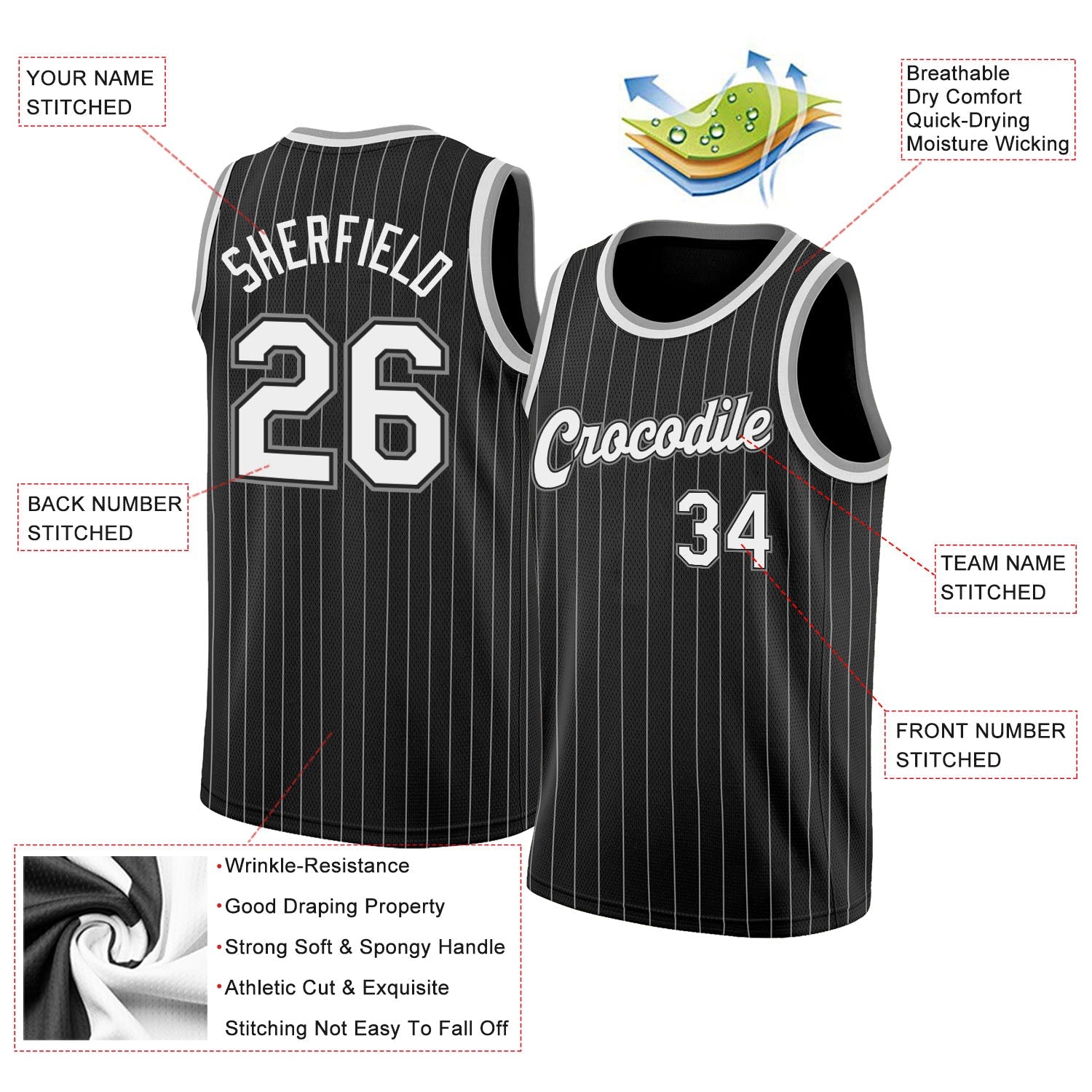 Custom Black White Pinstripe White-Gray Authentic Basketball Jersey view 2