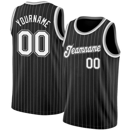 Custom Black White Pinstripe White-Gray Authentic Basketball Jersey - Main View