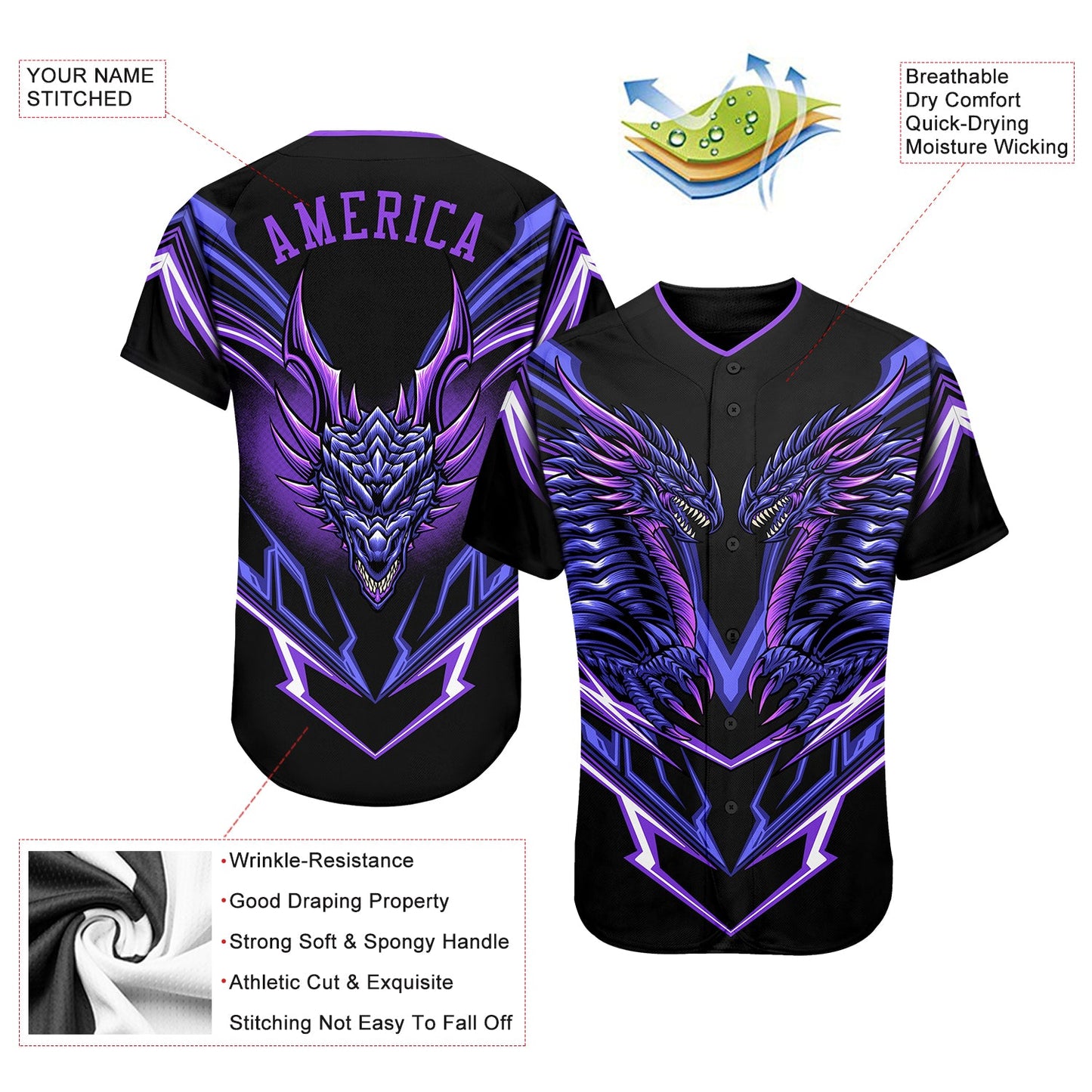 Custom Black Purple 3D Monster Authentic Baseball Jersey view 3