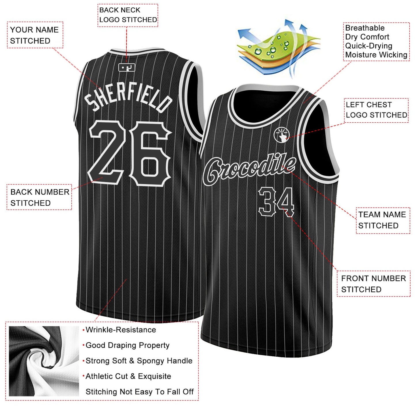 Custom Black White Pinstripe Black-White Authentic Basketball Jersey view 2