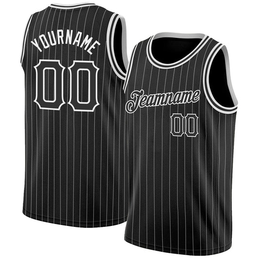 Custom Black White Pinstripe Black-White Authentic Basketball Jersey - Main View