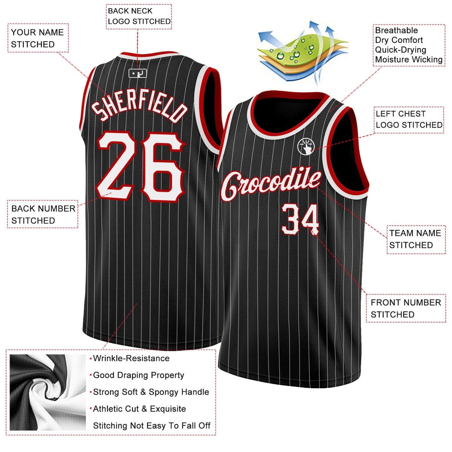 Custom Black White Pinstripe White-Red Authentic Basketball Jersey view 2