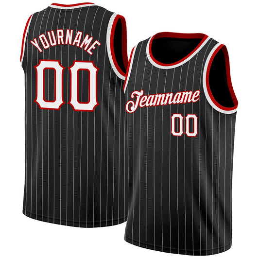 Custom Black White Pinstripe White-Red Authentic Basketball Jersey - Main View