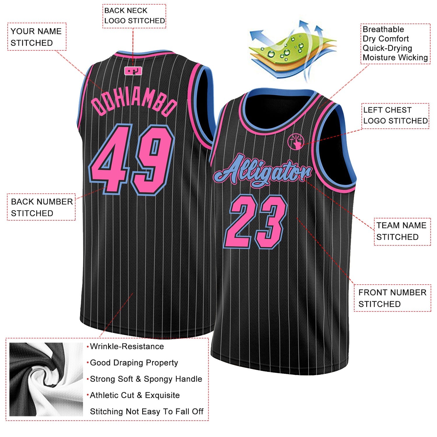 Custom Black White Pinstripe Pink-Light Blue Authentic Basketball Jersey view 3