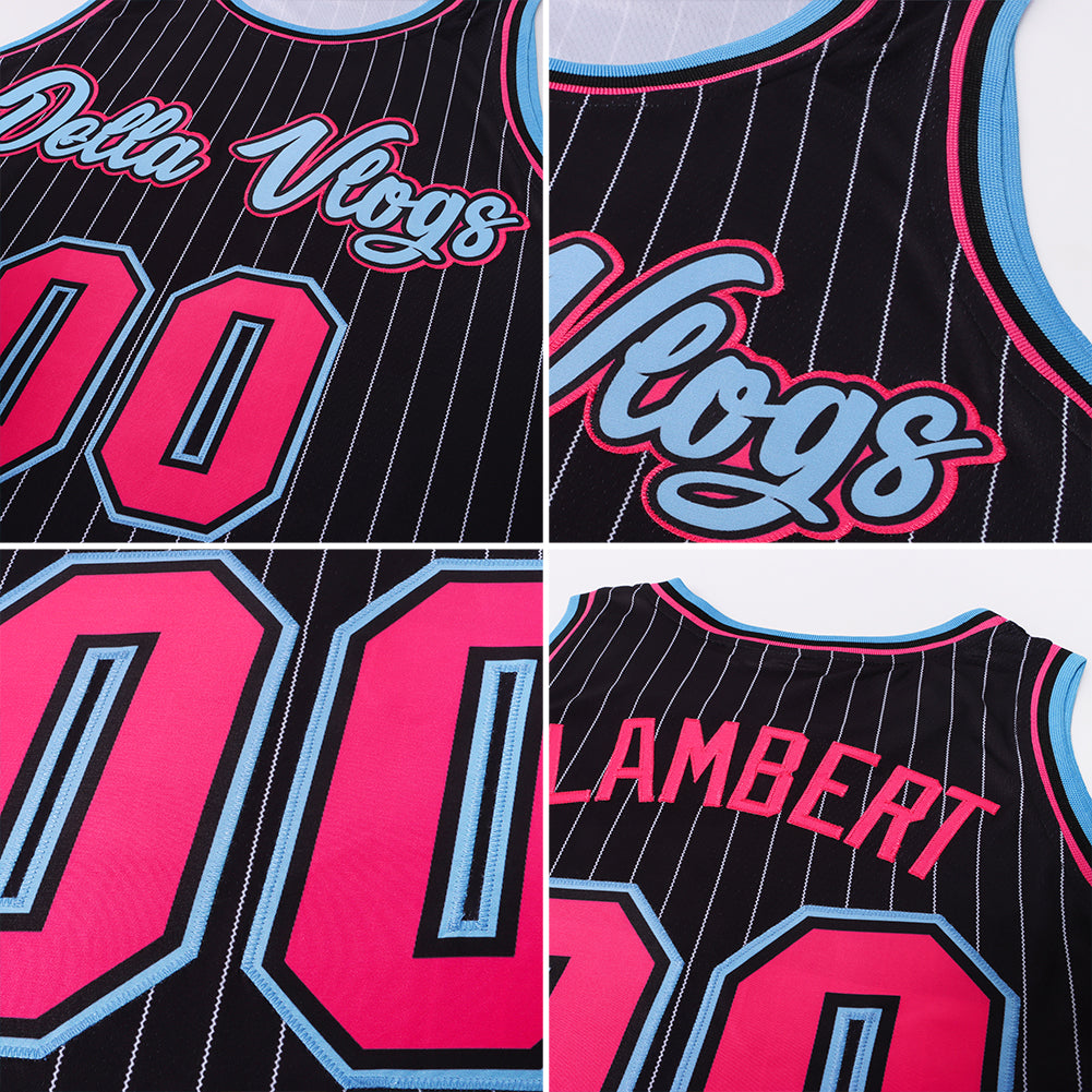 Custom Black White Pinstripe Pink-Light Blue Authentic Basketball Jersey view 2