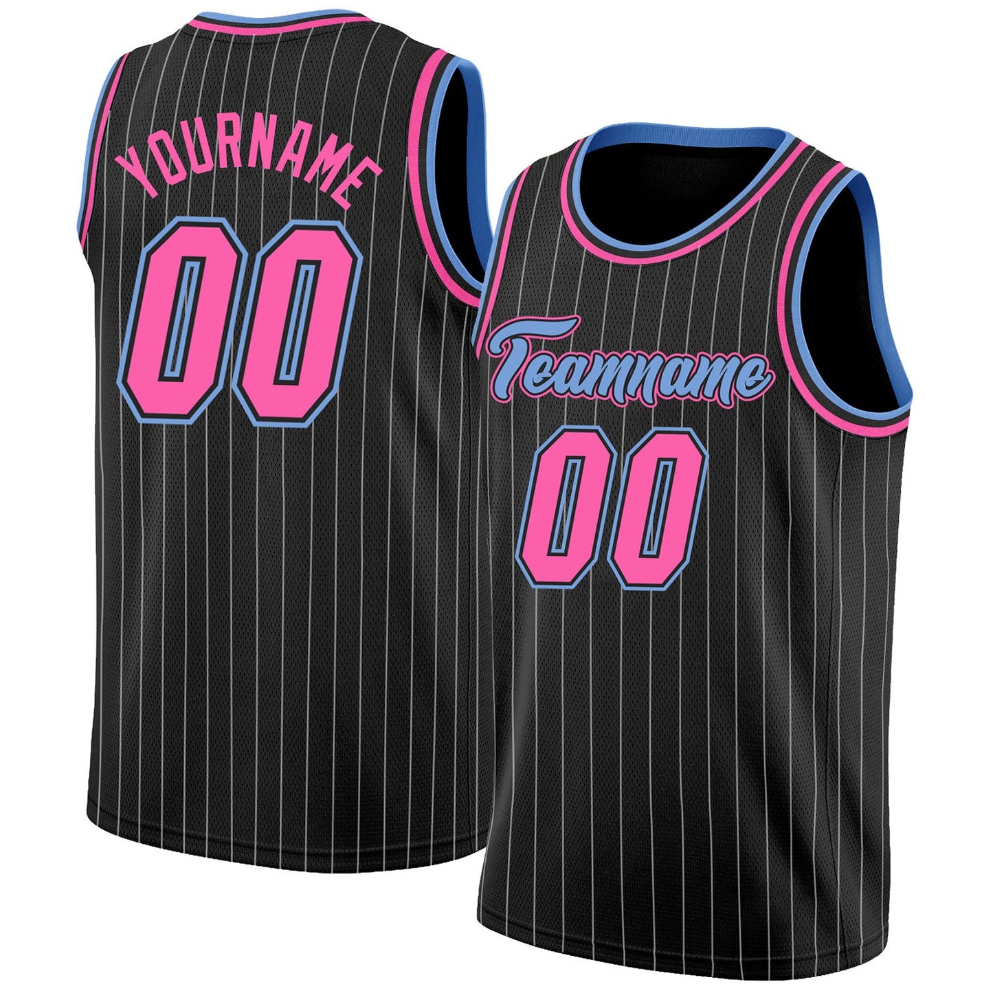 Custom Black White Pinstripe Pink-Light Blue Authentic Basketball Jersey - Main View