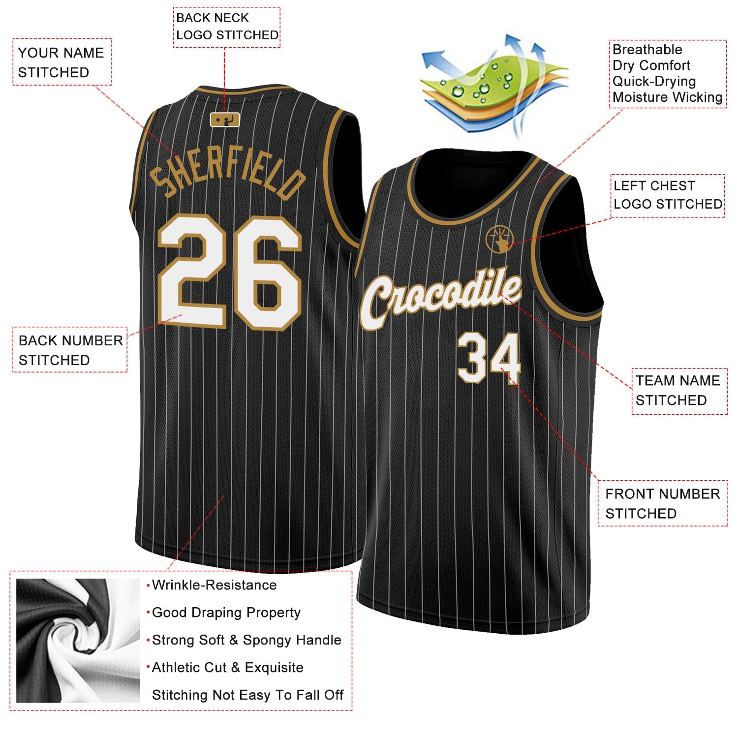Custom Black White Pinstripe White-Old Gold Authentic Basketball Jersey view 2