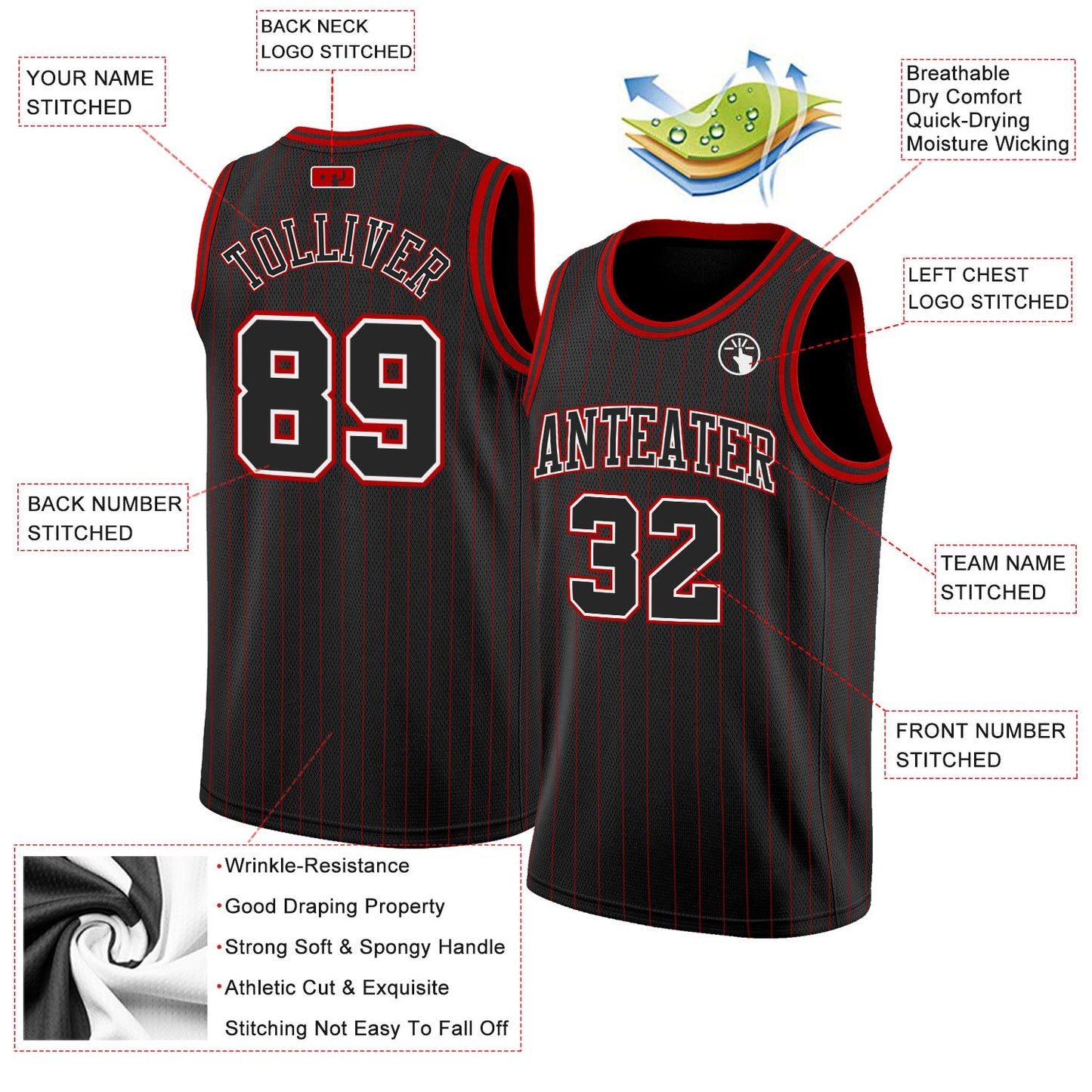 Custom Black Red Pinstripe Black-White Authentic Basketball Jersey view 2