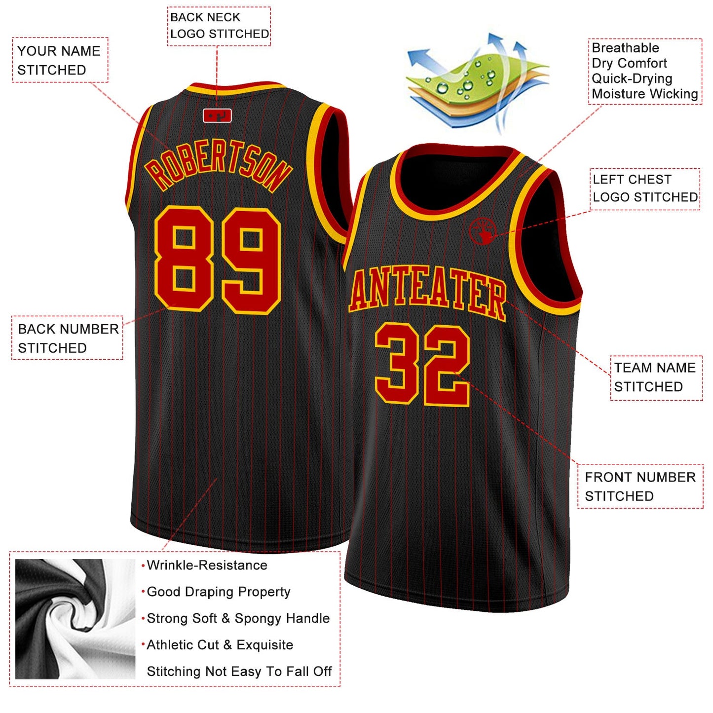 Custom Black Red Pinstripe Red-Gold Authentic Basketball Jersey view 3