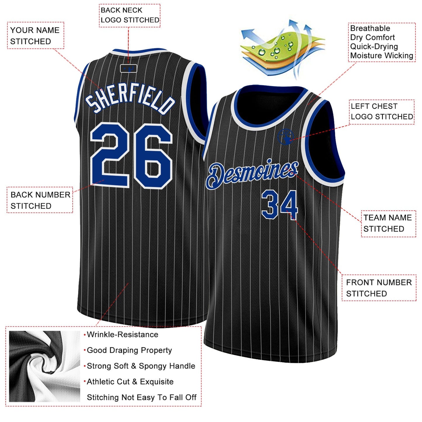 Custom Black White Pinstripe Royal-White Authentic Basketball Jersey view 2